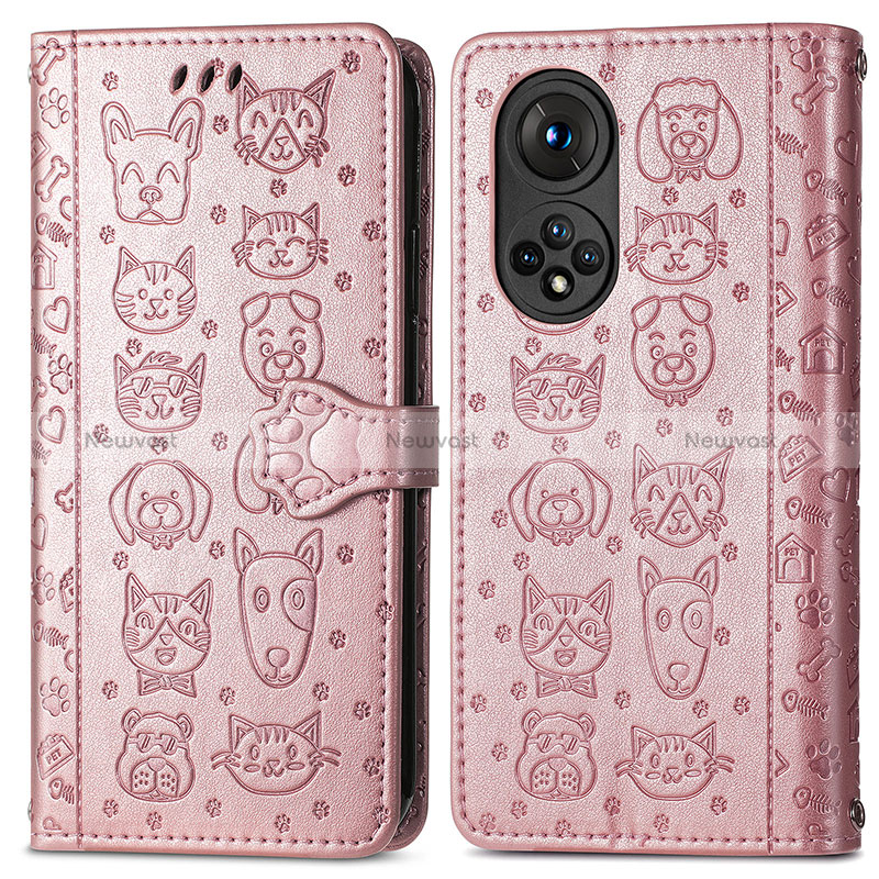 Leather Case Stands Fashionable Pattern Flip Cover Holder S03D for Huawei Nova 9 Rose Gold