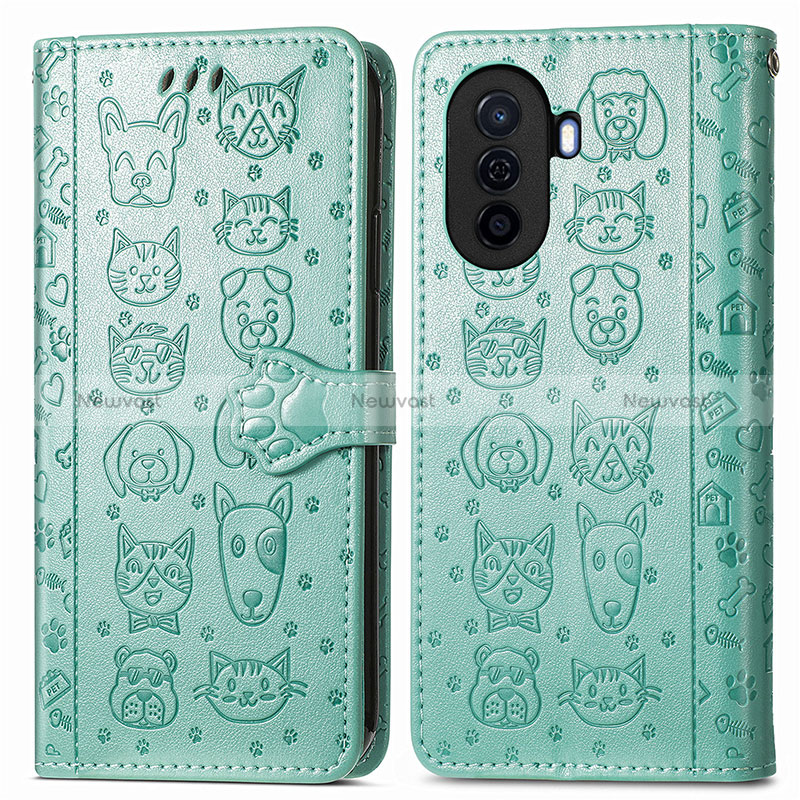 Leather Case Stands Fashionable Pattern Flip Cover Holder S03D for Huawei Nova Y70 Green