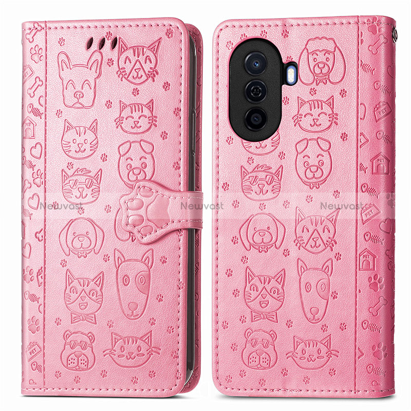 Leather Case Stands Fashionable Pattern Flip Cover Holder S03D for Huawei Nova Y70 Plus Pink