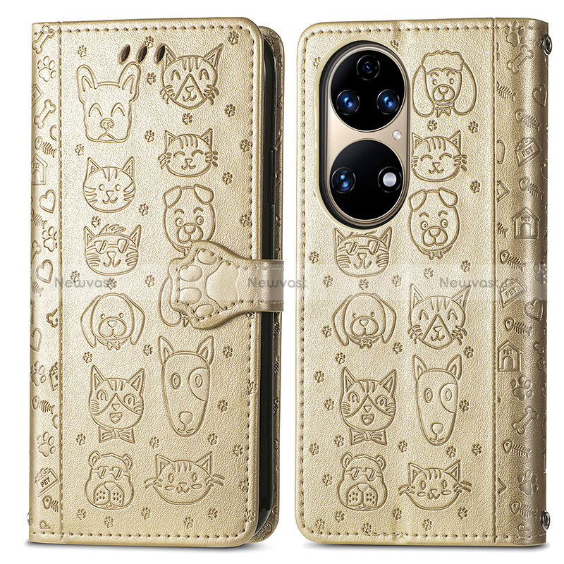 Leather Case Stands Fashionable Pattern Flip Cover Holder S03D for Huawei P50 Gold