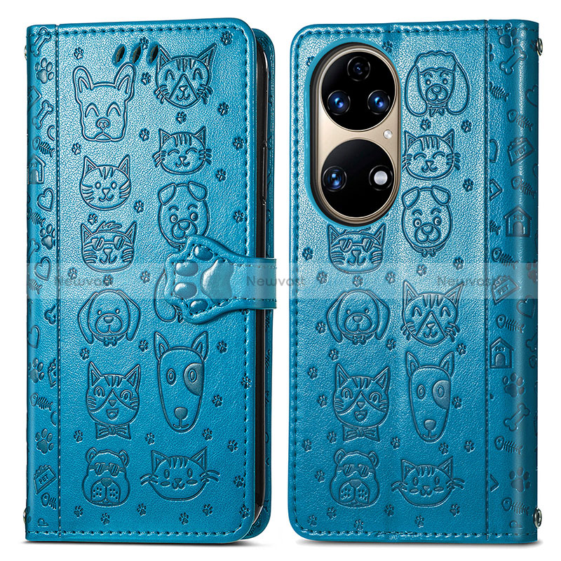 Leather Case Stands Fashionable Pattern Flip Cover Holder S03D for Huawei P50 Pro Blue