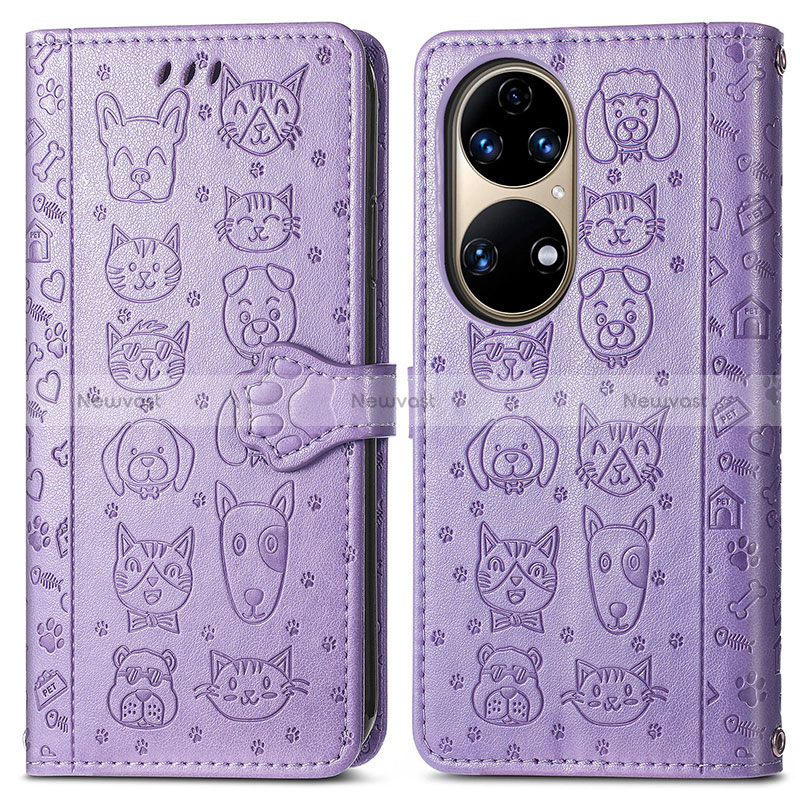 Leather Case Stands Fashionable Pattern Flip Cover Holder S03D for Huawei P50 Purple