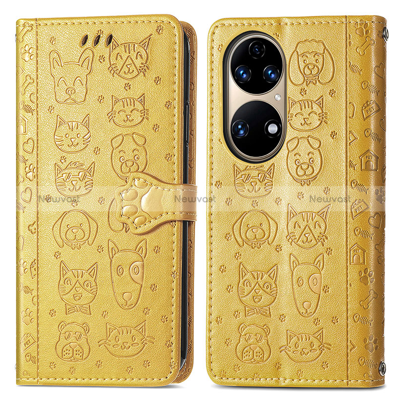 Leather Case Stands Fashionable Pattern Flip Cover Holder S03D for Huawei P50 Yellow