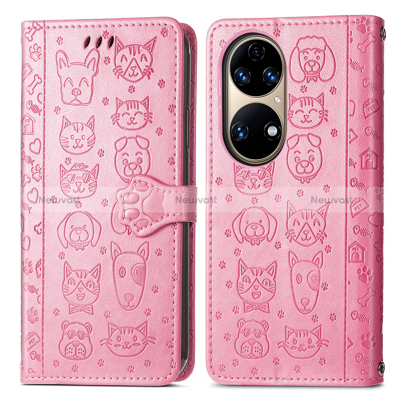 Leather Case Stands Fashionable Pattern Flip Cover Holder S03D for Huawei P50e Pink