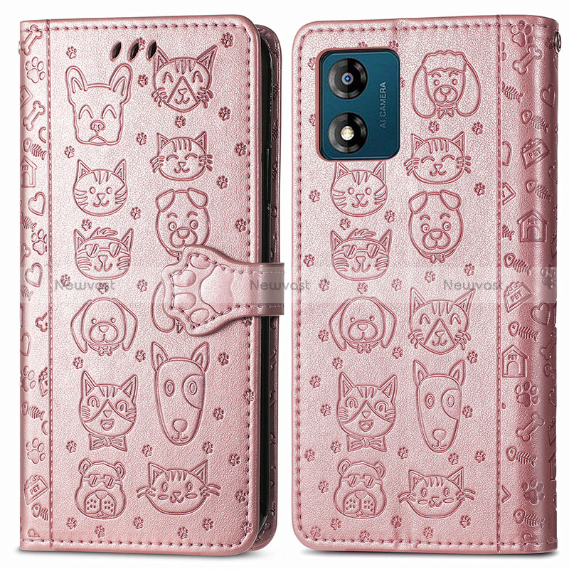 Leather Case Stands Fashionable Pattern Flip Cover Holder S03D for Motorola Moto E13 Pink