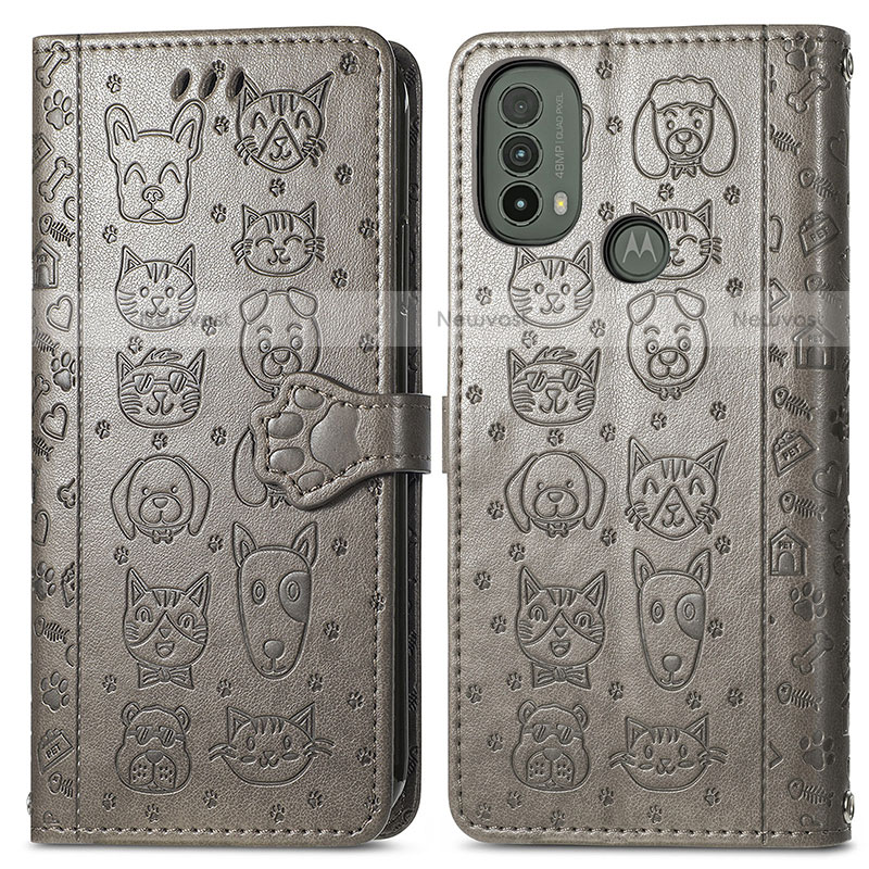 Leather Case Stands Fashionable Pattern Flip Cover Holder S03D for Motorola Moto E20 Gray