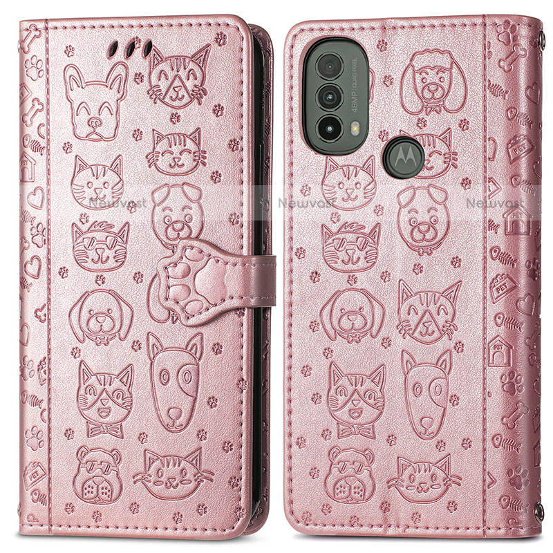 Leather Case Stands Fashionable Pattern Flip Cover Holder S03D for Motorola Moto E20 Rose Gold