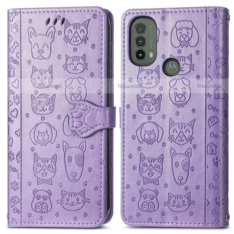 Leather Case Stands Fashionable Pattern Flip Cover Holder S03D for Motorola Moto E30 Purple