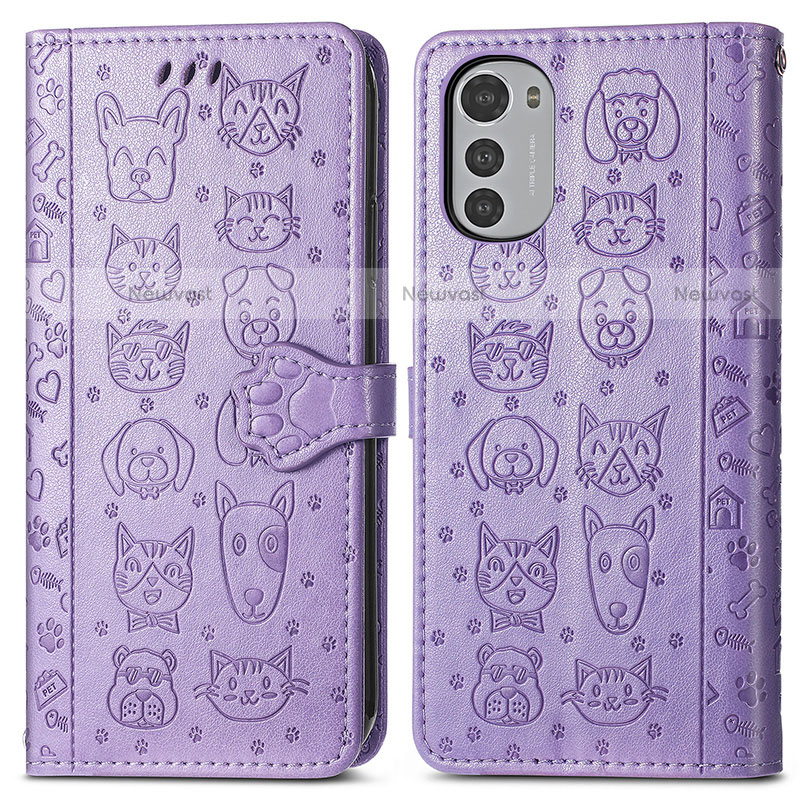 Leather Case Stands Fashionable Pattern Flip Cover Holder S03D for Motorola Moto E32 Purple