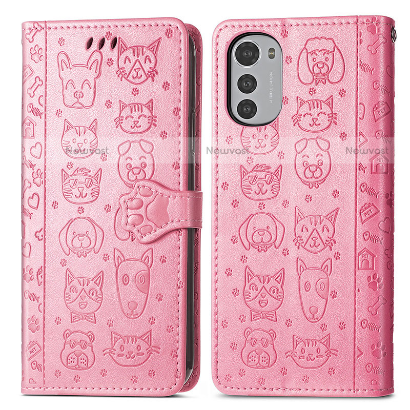 Leather Case Stands Fashionable Pattern Flip Cover Holder S03D for Motorola Moto E32s Pink