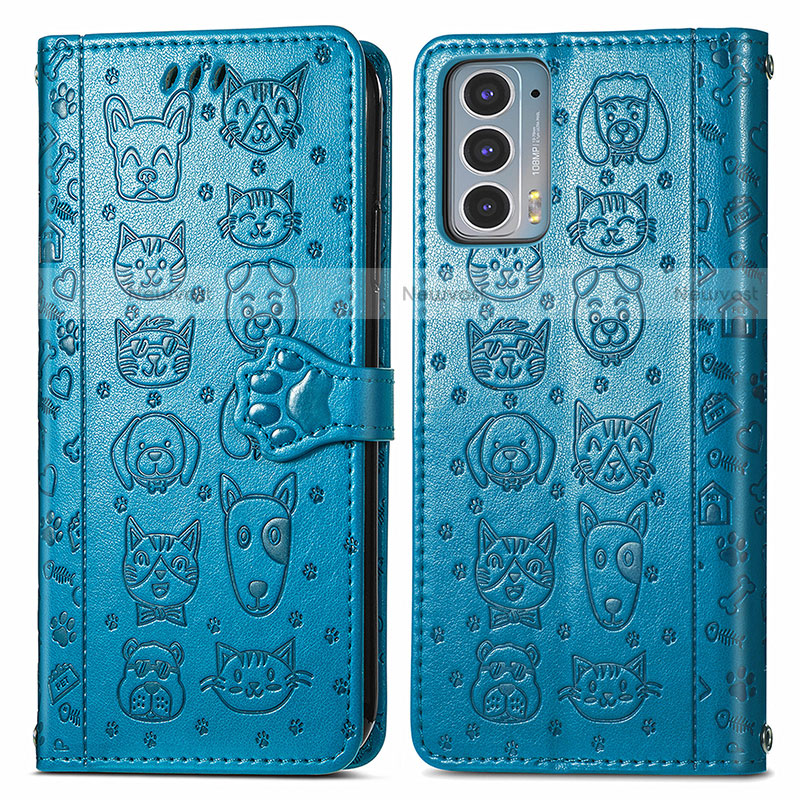 Leather Case Stands Fashionable Pattern Flip Cover Holder S03D for Motorola Moto Edge 20 5G Blue