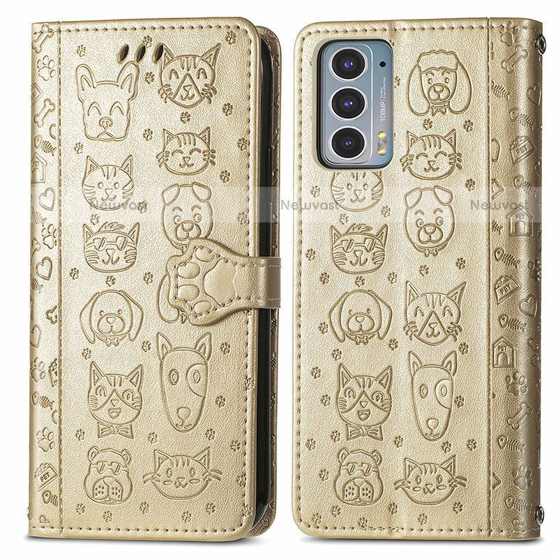 Leather Case Stands Fashionable Pattern Flip Cover Holder S03D for Motorola Moto Edge 20 5G Gold