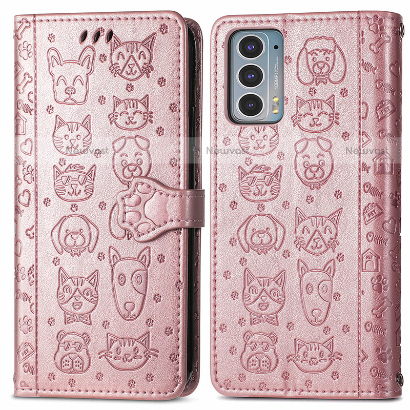 Leather Case Stands Fashionable Pattern Flip Cover Holder S03D for Motorola Moto Edge 20 5G Rose Gold