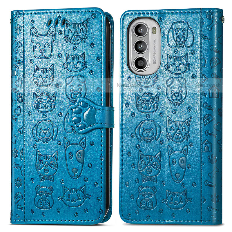 Leather Case Stands Fashionable Pattern Flip Cover Holder S03D for Motorola Moto Edge (2022) 5G Blue