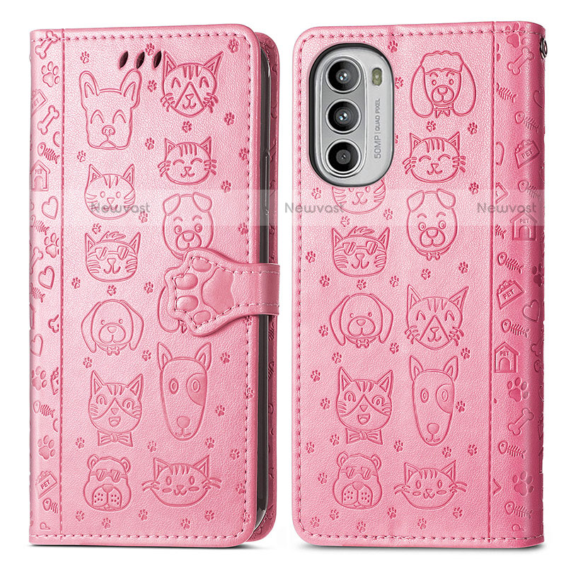 Leather Case Stands Fashionable Pattern Flip Cover Holder S03D for Motorola Moto Edge (2022) 5G Pink