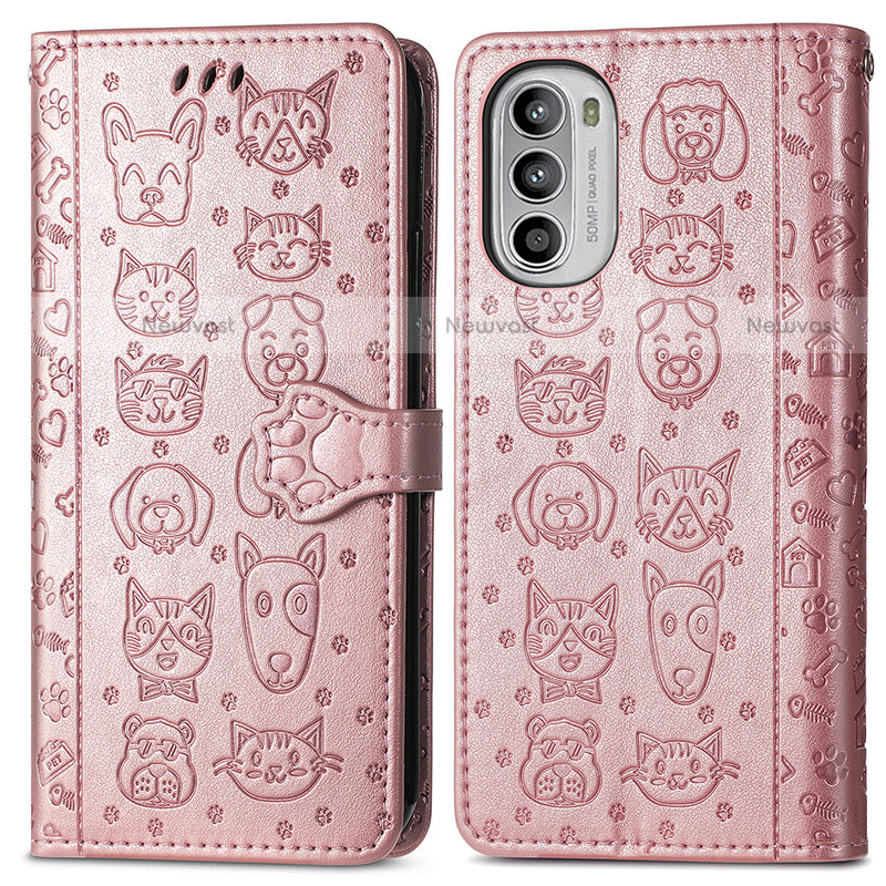 Leather Case Stands Fashionable Pattern Flip Cover Holder S03D for Motorola Moto Edge (2022) 5G Rose Gold