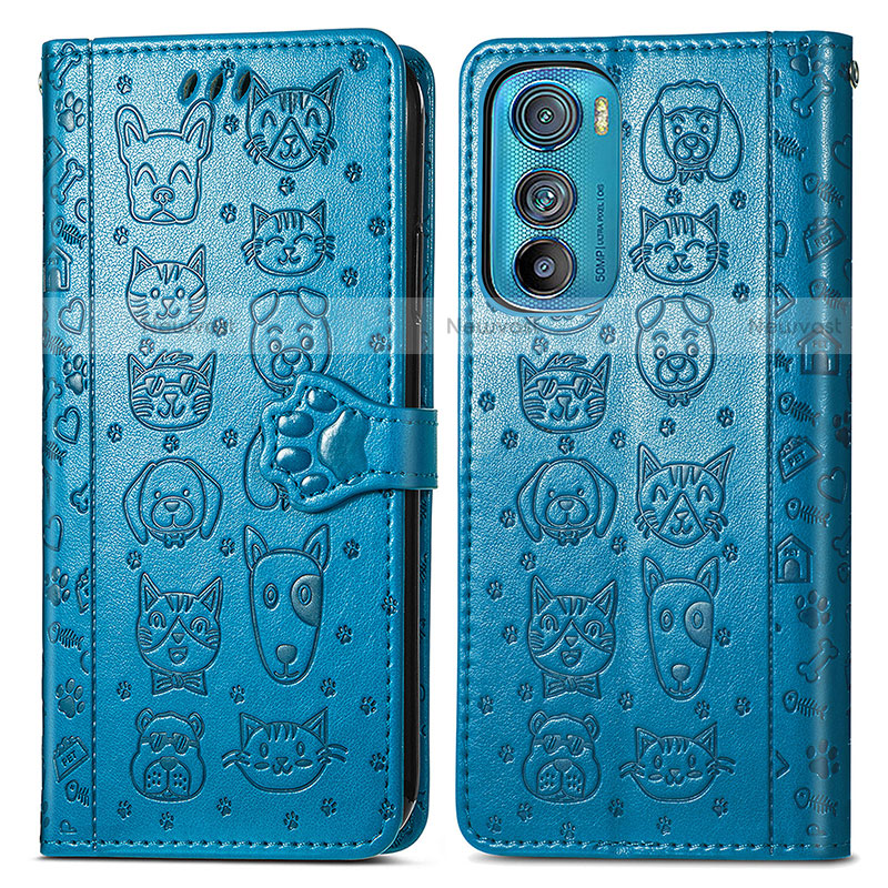 Leather Case Stands Fashionable Pattern Flip Cover Holder S03D for Motorola Moto Edge 30 5G Blue