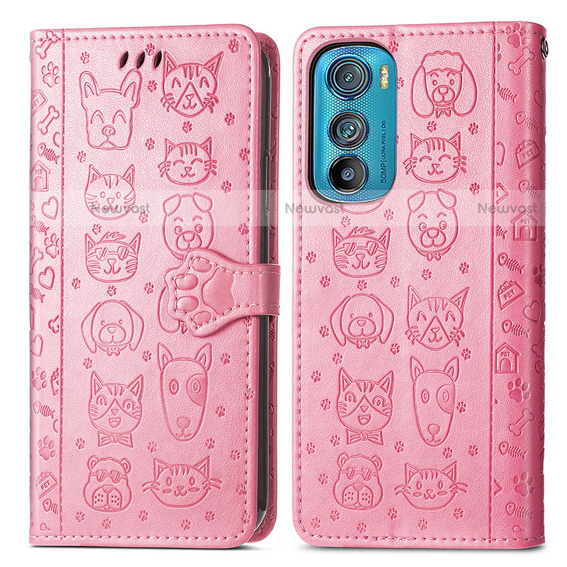 Leather Case Stands Fashionable Pattern Flip Cover Holder S03D for Motorola Moto Edge 30 5G Pink