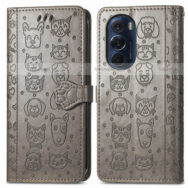 Leather Case Stands Fashionable Pattern Flip Cover Holder S03D for Motorola Moto Edge Plus (2022) 5G Gray