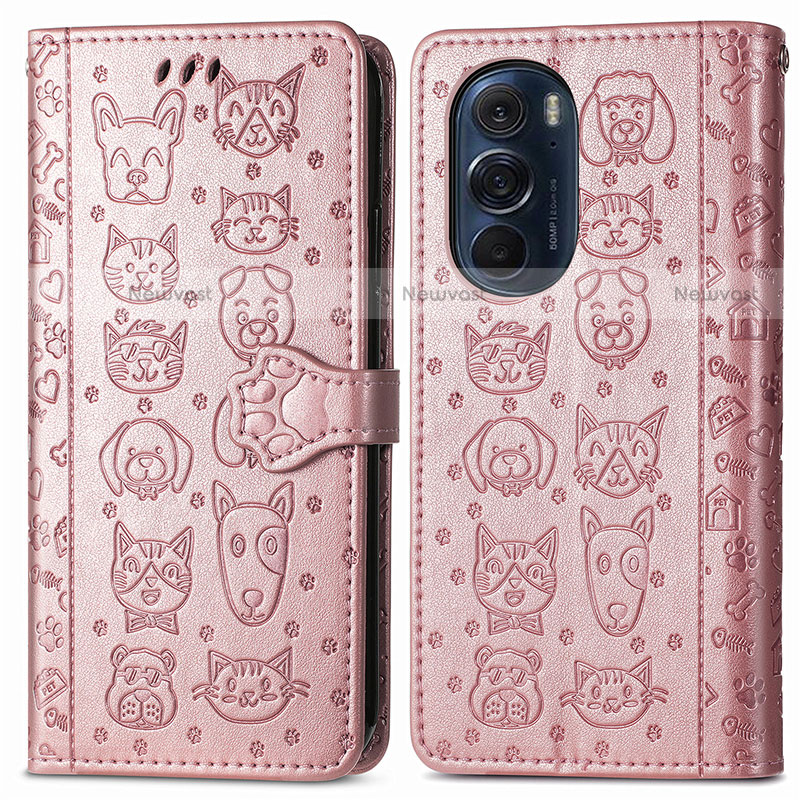 Leather Case Stands Fashionable Pattern Flip Cover Holder S03D for Motorola Moto Edge Plus (2022) 5G Rose Gold