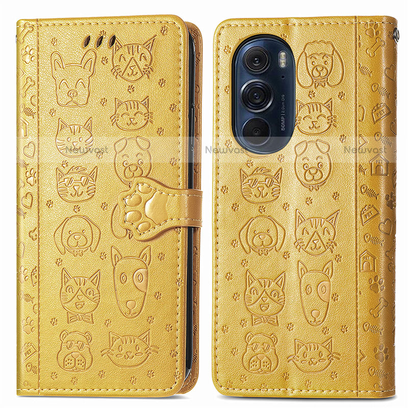 Leather Case Stands Fashionable Pattern Flip Cover Holder S03D for Motorola Moto Edge Plus (2022) 5G Yellow