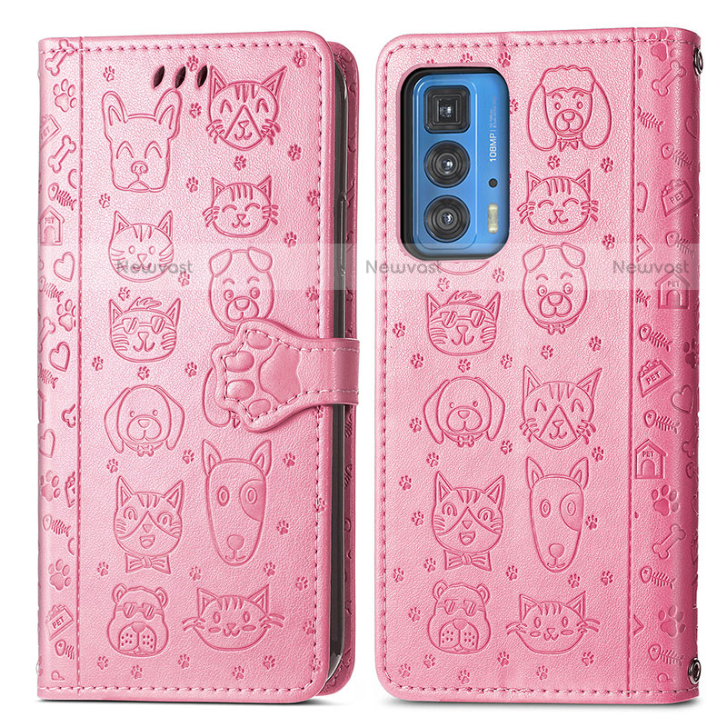 Leather Case Stands Fashionable Pattern Flip Cover Holder S03D for Motorola Moto Edge S Pro 5G Pink