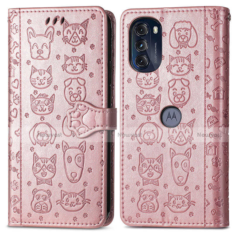 Leather Case Stands Fashionable Pattern Flip Cover Holder S03D for Motorola Moto G 5G (2022) Rose Gold