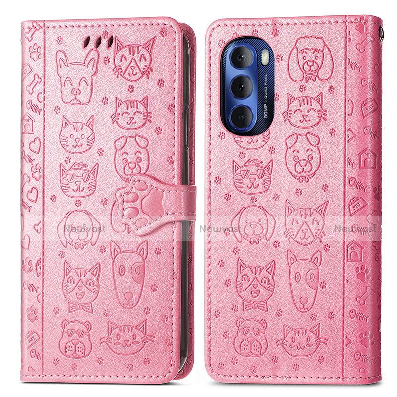 Leather Case Stands Fashionable Pattern Flip Cover Holder S03D for Motorola Moto G Stylus (2022) 5G Pink