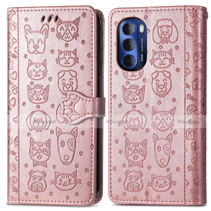 Leather Case Stands Fashionable Pattern Flip Cover Holder S03D for Motorola Moto G Stylus (2022) 5G Rose Gold