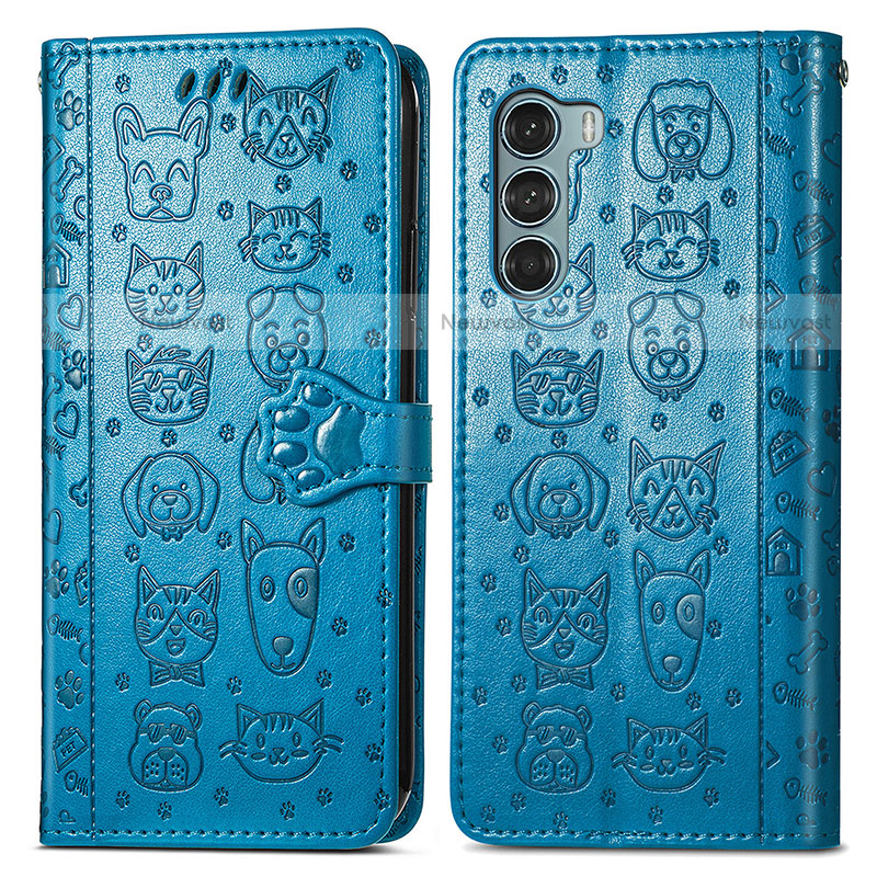 Leather Case Stands Fashionable Pattern Flip Cover Holder S03D for Motorola Moto G200 5G Blue