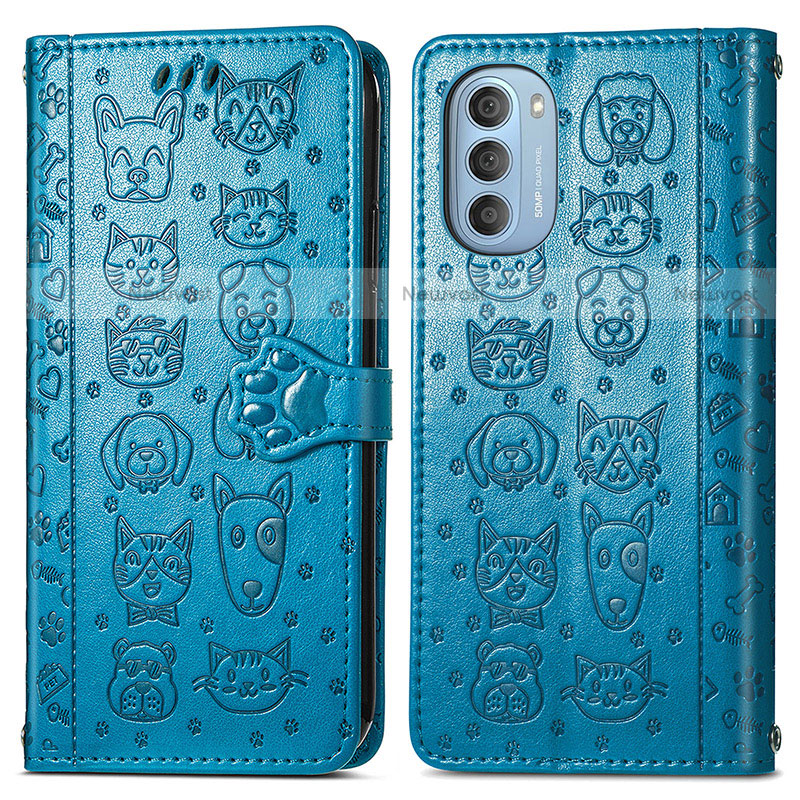Leather Case Stands Fashionable Pattern Flip Cover Holder S03D for Motorola Moto G51 5G Blue