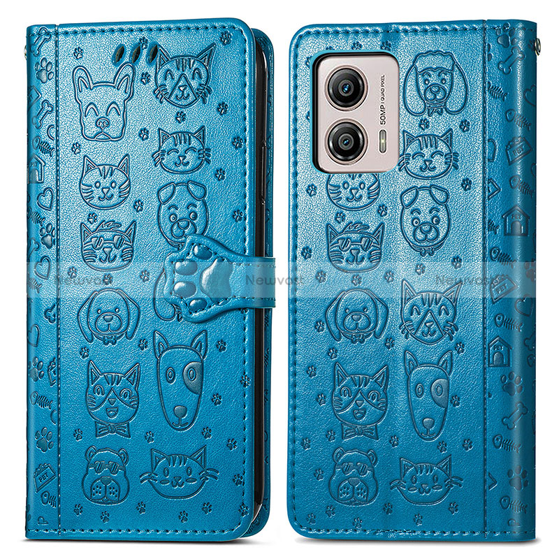 Leather Case Stands Fashionable Pattern Flip Cover Holder S03D for Motorola Moto G53j 5G Blue