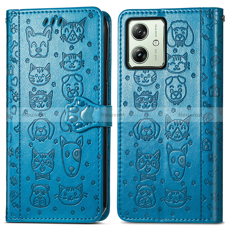 Leather Case Stands Fashionable Pattern Flip Cover Holder S03D for Motorola Moto G54 5G Blue