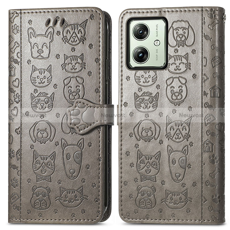 Leather Case Stands Fashionable Pattern Flip Cover Holder S03D for Motorola Moto G54 5G Gray