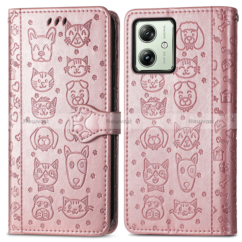 Leather Case Stands Fashionable Pattern Flip Cover Holder S03D for Motorola Moto G54 5G Rose Gold