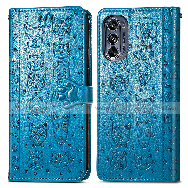 Leather Case Stands Fashionable Pattern Flip Cover Holder S03D for Motorola Moto G62 5G Blue