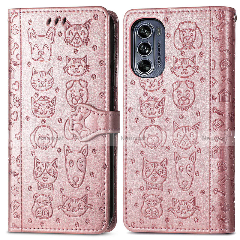 Leather Case Stands Fashionable Pattern Flip Cover Holder S03D for Motorola Moto G62 5G Rose Gold