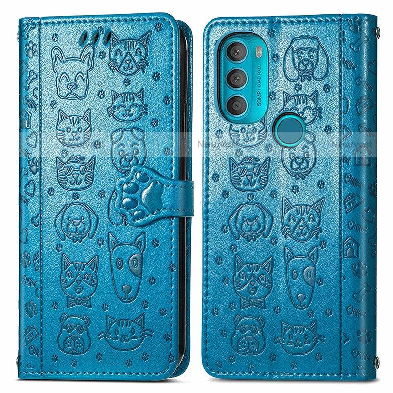 Leather Case Stands Fashionable Pattern Flip Cover Holder S03D for Motorola Moto G71 5G Blue