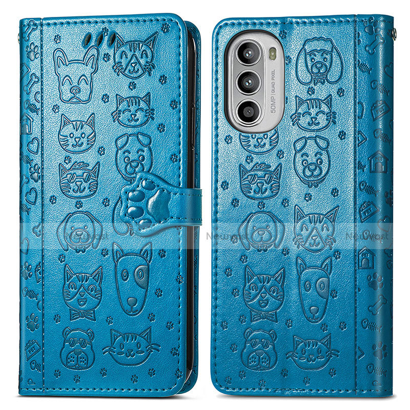 Leather Case Stands Fashionable Pattern Flip Cover Holder S03D for Motorola Moto G71s 5G Blue