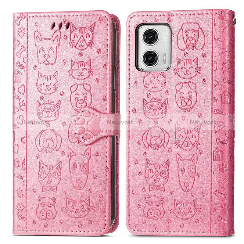 Leather Case Stands Fashionable Pattern Flip Cover Holder S03D for Motorola Moto G73 5G Pink