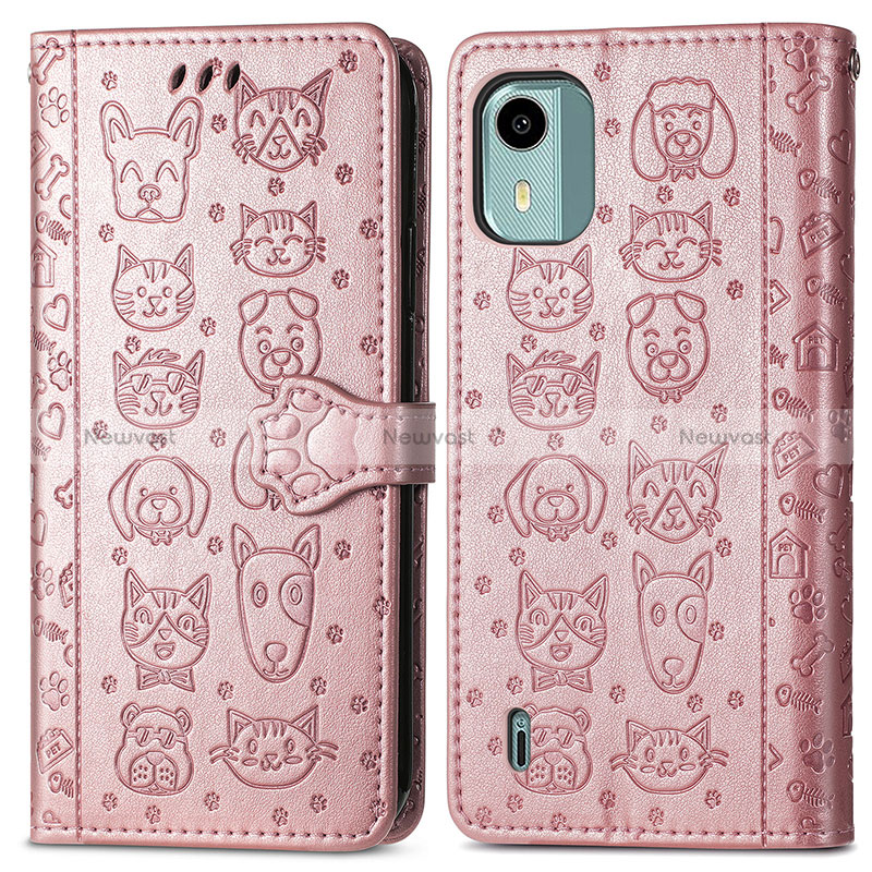 Leather Case Stands Fashionable Pattern Flip Cover Holder S03D for Nokia C12 Plus Rose Gold