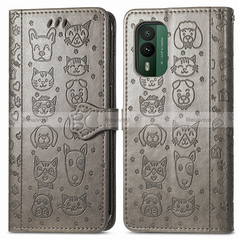 Leather Case Stands Fashionable Pattern Flip Cover Holder S03D for Nokia XR21 Gray