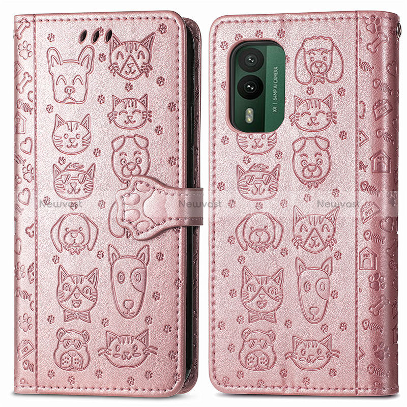 Leather Case Stands Fashionable Pattern Flip Cover Holder S03D for Nokia XR21 Rose Gold