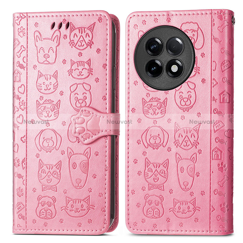 Leather Case Stands Fashionable Pattern Flip Cover Holder S03D for OnePlus 11R 5G Pink