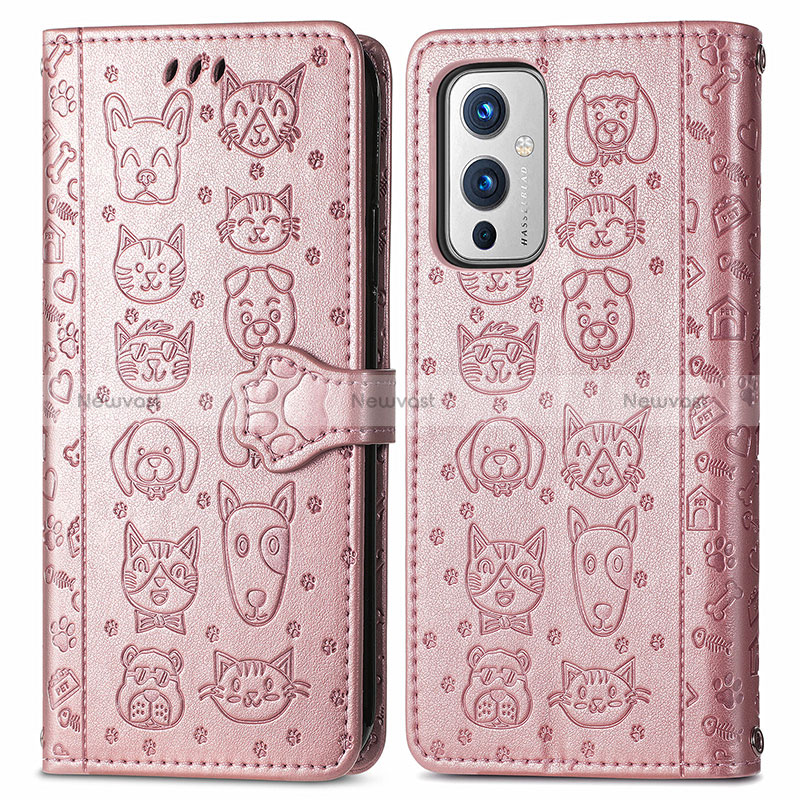 Leather Case Stands Fashionable Pattern Flip Cover Holder S03D for OnePlus 9 5G Rose Gold