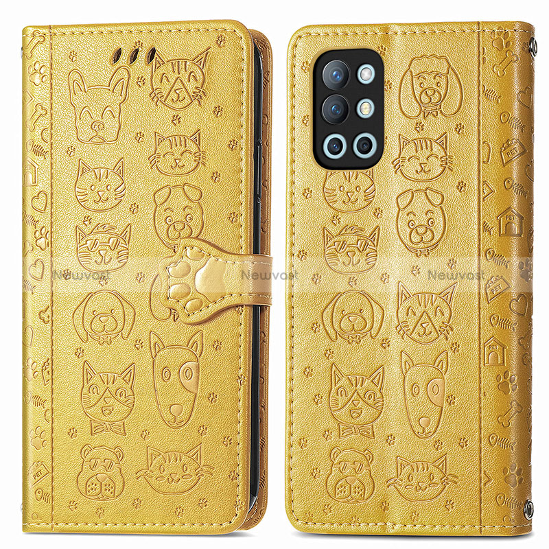 Leather Case Stands Fashionable Pattern Flip Cover Holder S03D for OnePlus 9R 5G Yellow