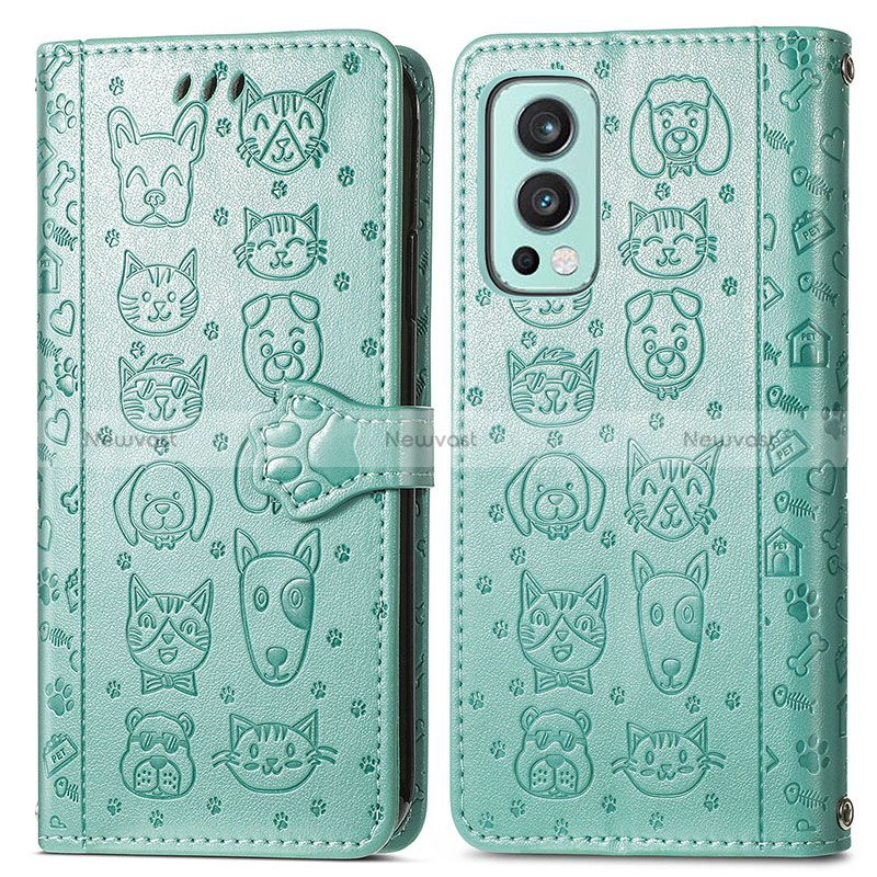 Leather Case Stands Fashionable Pattern Flip Cover Holder S03D for OnePlus Nord 2 5G Green