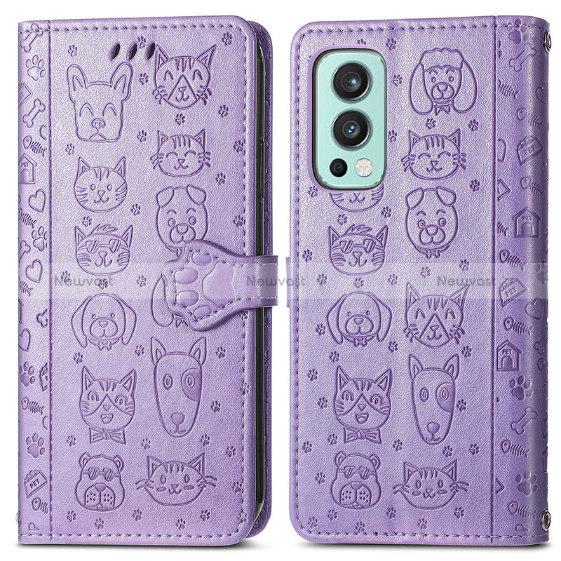 Leather Case Stands Fashionable Pattern Flip Cover Holder S03D for OnePlus Nord 2 5G Purple