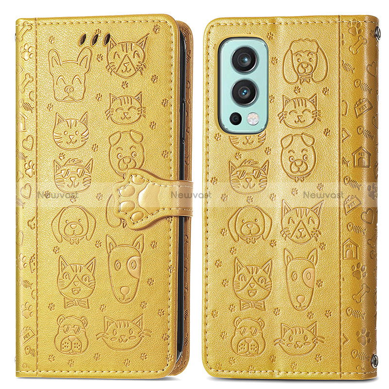 Leather Case Stands Fashionable Pattern Flip Cover Holder S03D for OnePlus Nord 2 5G Yellow