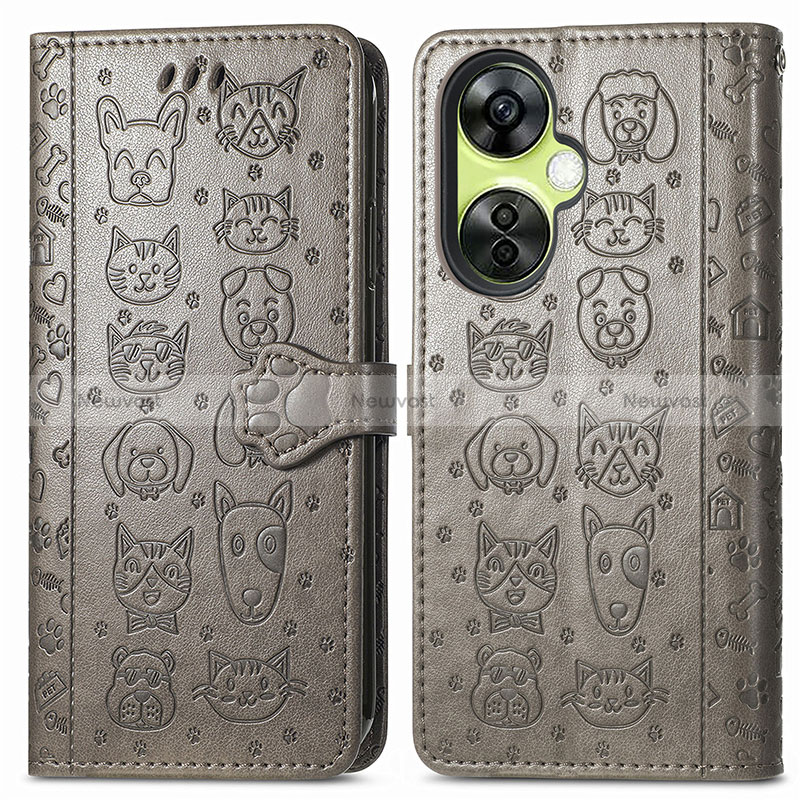 Leather Case Stands Fashionable Pattern Flip Cover Holder S03D for OnePlus Nord CE 3 5G Gray